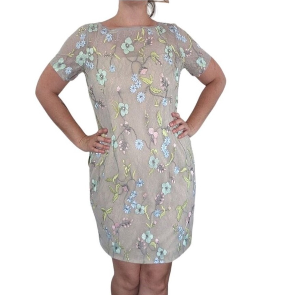Adrianna Papell Embroidered Cocktail Lace Sheath Floral Blue Gray Midi Dress 14
